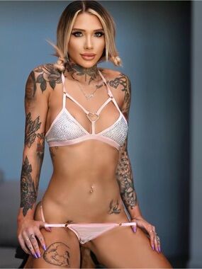 Sugar Thrillz Pink Satin Rhinestone Bralette and Lace-Embellished Thong